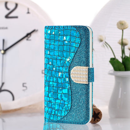 For iPhone 13 Laser Glitter Powder Matching Crocodile Texture Horizontal Flip Leather Case with Card Slots & Holder & Wallet(Blue) - iPhone 13 Cases by buy2fix | Online Shopping UK | buy2fix