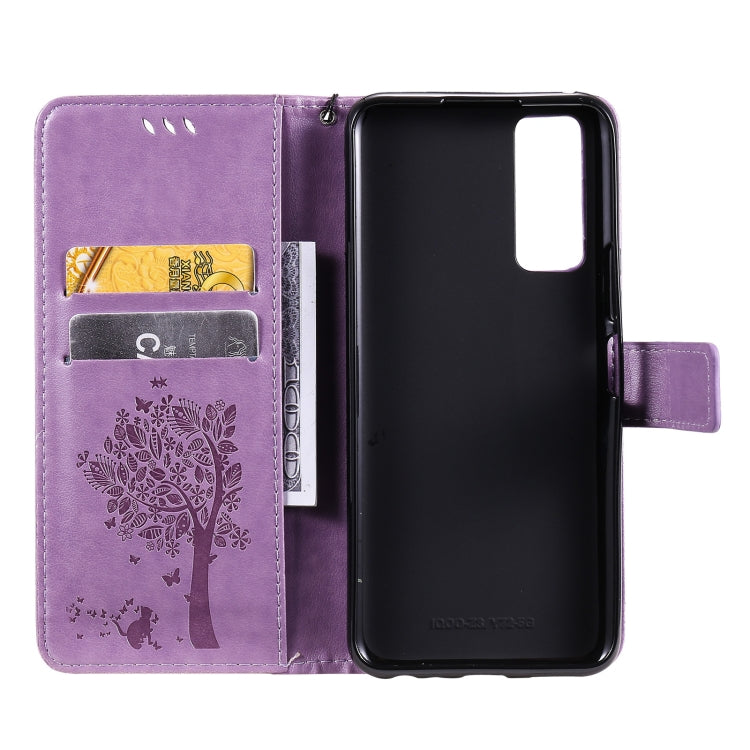 For vivo Y72 5G / iQOO Z3 Tree & Cat Embossing Pattern Horizontal Flip PU Leather Case with Holder & Card Slots & Wallet & Lanyard(Light Purple) - vivo Cases by buy2fix | Online Shopping UK | buy2fix