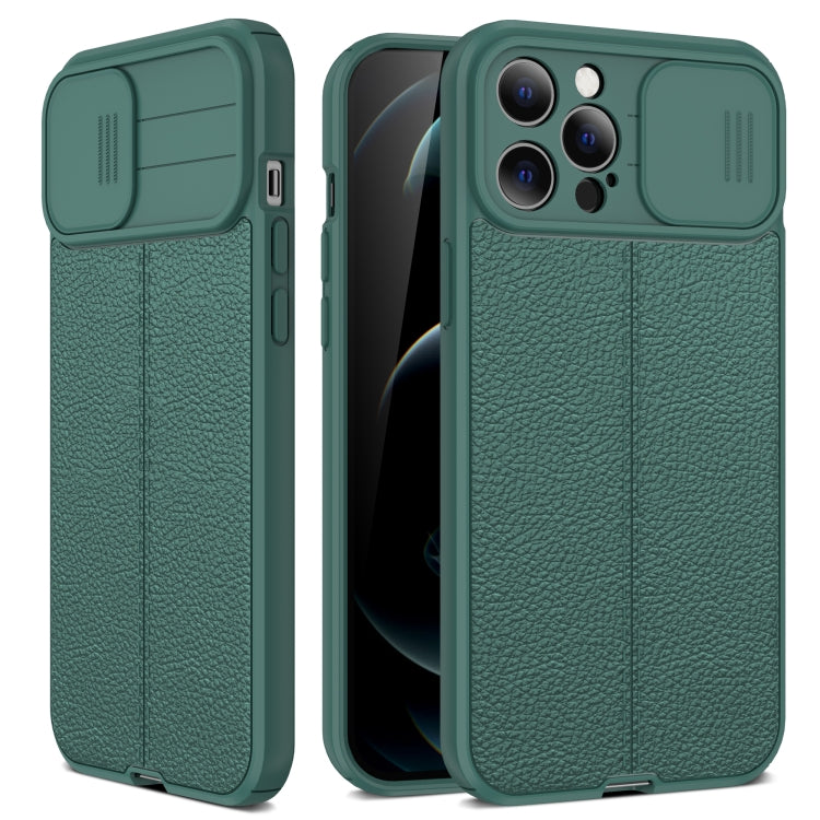 For iPhone 12 mini Litchi Texture Sliding Camshield TPU Protective Case (Dark Green) - iPhone 12 mini Cases by buy2fix | Online Shopping UK | buy2fix