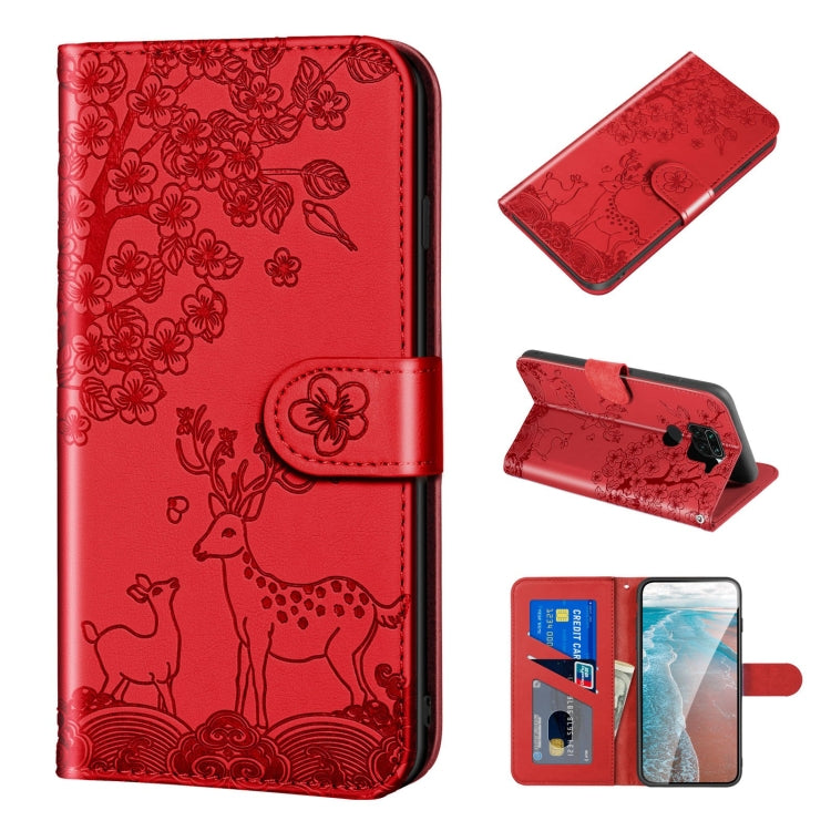 For Xiaomi Redmi Note 9 Sika Deer Embossing Pattern Horizontal Flip PU Leather Case with Holder & Card Slot & Wallet & Photo Frame(Red) - Xiaomi Cases by buy2fix | Online Shopping UK | buy2fix