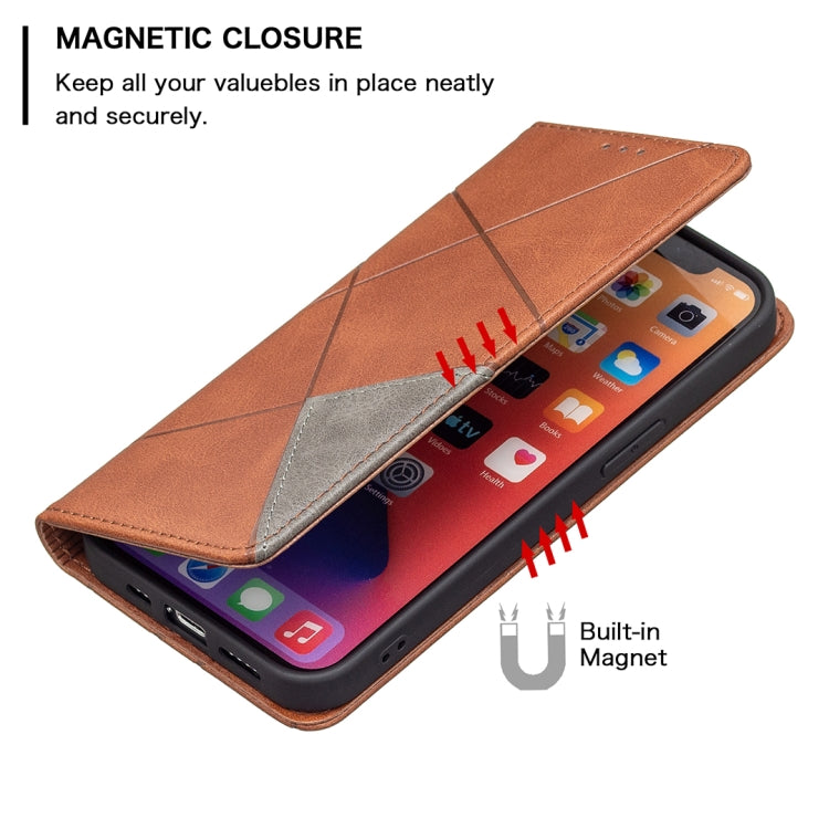 For iPhone 13 Pro Rhombus Texture Horizontal Flip Magnetic Leather Case with Holder & Card Slots (Brown) - iPhone 13 Pro Cases by buy2fix | Online Shopping UK | buy2fix