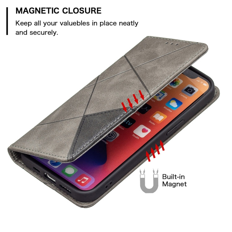 For iPhone 13 Pro Max Rhombus Texture Horizontal Flip Magnetic Leather Case with Holder & Card Slots (Grey) - iPhone 13 Pro Max Cases by buy2fix | Online Shopping UK | buy2fix