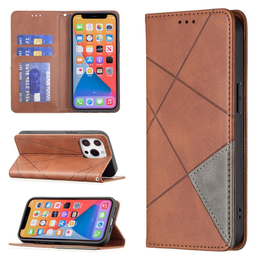 For iPhone 13 Pro Max Rhombus Texture Horizontal Flip Magnetic Leather Case with Holder & Card Slots (Brown) - iPhone 13 Pro Max Cases by buy2fix | Online Shopping UK | buy2fix