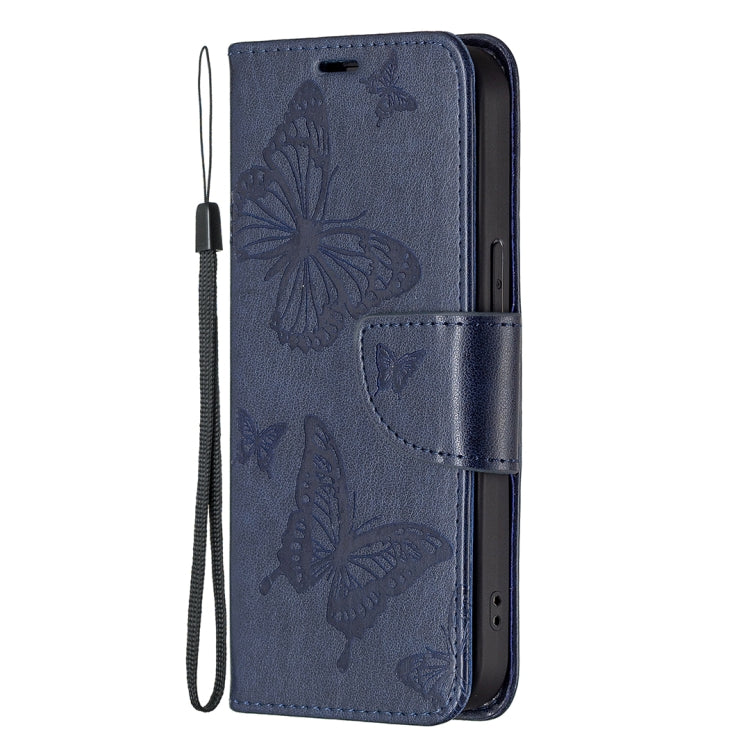 For iPhone 13 Pro Embossing Two Butterflies Pattern Horizontal Flip PU Leather Case with Holder & Card Slot & Wallet & Lanyard (Blue) - iPhone 13 Pro Cases by buy2fix | Online Shopping UK | buy2fix