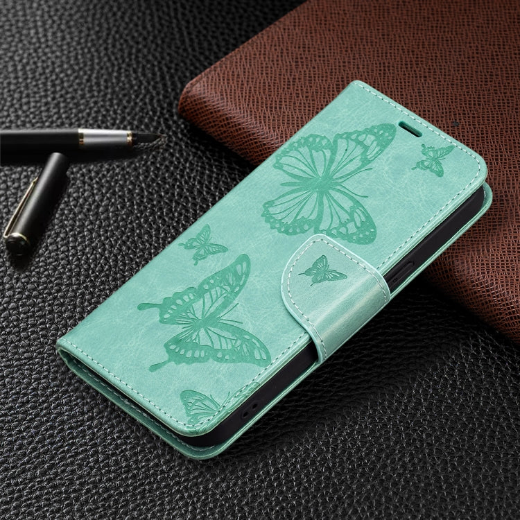 For iPhone 13 Pro Embossing Two Butterflies Pattern Horizontal Flip PU Leather Case with Holder & Card Slot & Wallet & Lanyard (Green) - iPhone 13 Pro Cases by buy2fix | Online Shopping UK | buy2fix