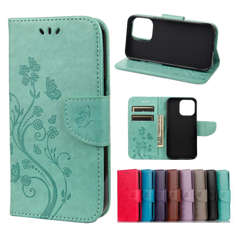 For iPhone 13 Pro Butterfly Flower Pattern Horizontal Flip Leather Case with Holder & Card Slots & Wallet (Green) - iPhone 13 Pro Cases by buy2fix | Online Shopping UK | buy2fix