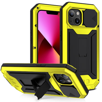 For iPhone 13 R-JUST Sliding Camera Shockproof Life Waterproof Dust-proof Metal + Silicone Protective Case with Holder(Yellow) - iPhone 13 Cases by R-JUST | Online Shopping UK | buy2fix