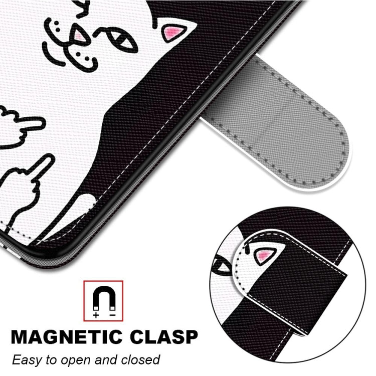 For iPhone 13 mini Coloured Drawing Cross Texture Horizontal Flip PU Leather Case with Holder & Card Slots & Wallet & Lanyard (Middle Finger White Cat) - iPhone 13 mini Cases by buy2fix | Online Shopping UK | buy2fix