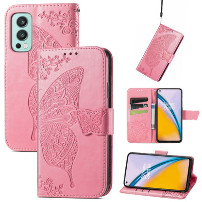Butterfly Love Flowers Embossed Horizontal Flip Leather Case with Holder & Card Slots & Wallet & Lanyard For OnePlus Nord 2 5G(Pink) - OnePlus Cases by buy2fix | Online Shopping UK | buy2fix