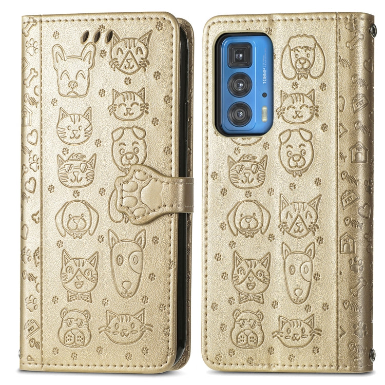 For Motorola Edge 20 Pro Lovely Cat and Dog Embossing Pattern Horizontal Flip Leather Case , with Holder & Card Slots & Wallet & Cartoon Clasp & Lanyard(Gold) - Motorola Cases by buy2fix | Online Shopping UK | buy2fix