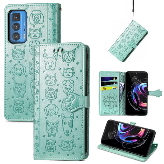 For Motorola Edge 20 Pro Lovely Cat and Dog Embossing Pattern Horizontal Flip Leather Case , with Holder & Card Slots & Wallet & Cartoon Clasp & Lanyard(Green) - Motorola Cases by buy2fix | Online Shopping UK | buy2fix