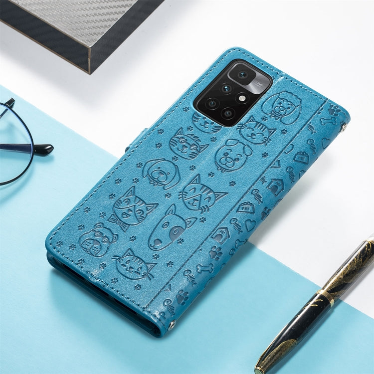 For Xiaomi Redmi 10 Lovely Cat and Dog Embossing Pattern Horizontal Flip Leather Case , with Holder & Card Slots & Wallet & Cartoon Clasp & Lanyard(Blue) - Xiaomi Cases by buy2fix | Online Shopping UK | buy2fix