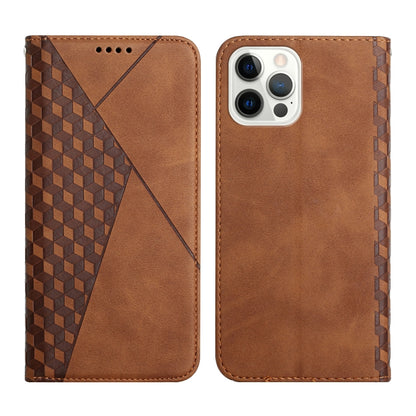 For iPhone 12 / 12 Pro Diamond Pattern Splicing Skin Feel Magnetic Horizontal Flip Leather Case with Card Slots & Holder & Wallet(Brown) - iPhone 12 / 12 Pro Cases by buy2fix | Online Shopping UK | buy2fix