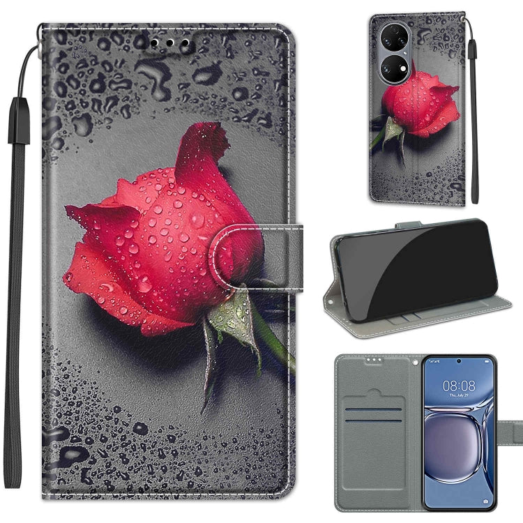 Voltage Coloured Drawing Magnetic Clasp Horizontal Flip PU Leather Case with Holder & Card Slots For Huawei P50(C14 Black Water Drop Rose) - Huawei Cases by buy2fix | Online Shopping UK | buy2fix