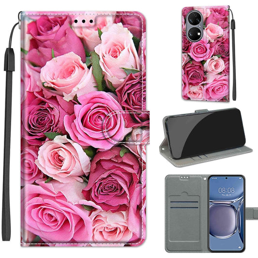 Voltage Coloured Drawing Magnetic Clasp Horizontal Flip PU Leather Case with Holder & Card Slots For Huawei P50(C17 Green Leaf Pink Rose) - Huawei Cases by buy2fix | Online Shopping UK | buy2fix