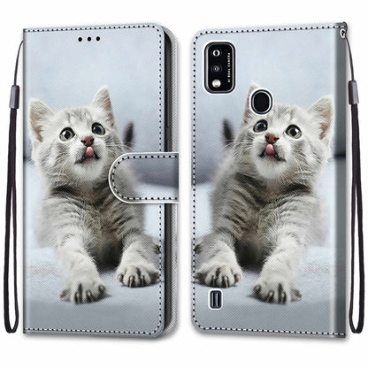 For ZTE Blade A51 Coloured Drawing Cross Texture Horizontal Flip PU Leather Case with Holder & Card Slots & Wallet & Lanyard(Small Gray Cat) - ZTE Cases by buy2fix | Online Shopping UK | buy2fix