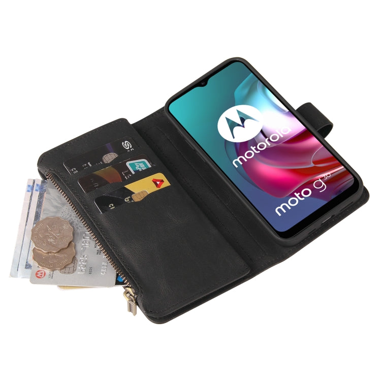 For Motorola Moto G30 Skin Feel PU + TPU Horizontal Flip Leather Case With Holder & 15 Cards Slot & Wallet & Zipper Pocket & Lanyard(Black) - Motorola Cases by buy2fix | Online Shopping UK | buy2fix