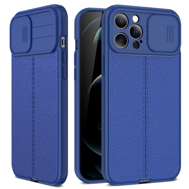 For iPhone 13 mini Litchi Texture Sliding Camshield TPU Protective Case (Blue) - iPhone 13 mini Cases by buy2fix | Online Shopping UK | buy2fix