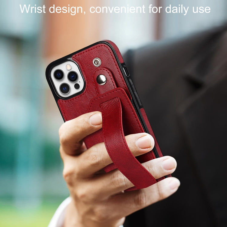 For iPhone 12 / 12 Pro Crazy Horse Texture Shockproof TPU + PU Leather Case with Card Slot & Wrist Strap Holder(Red) - iPhone 12 / 12 Pro Cases by buy2fix | Online Shopping UK | buy2fix