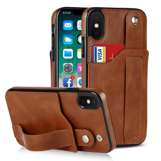 For iPhone X / XS Crazy Horse Texture Shockproof TPU + PU Leather Case with Card Slot & Wrist Strap Holder(Brown) - More iPhone Cases by buy2fix | Online Shopping UK | buy2fix