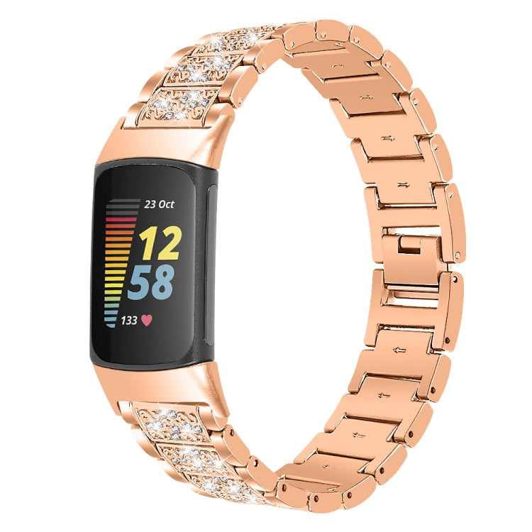 For Fitbit Charge 5 Diamond Stainless Steel Watch Band(Rose Gold) - Watch Bands by buy2fix | Online Shopping UK | buy2fix