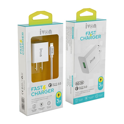 IVON AD-35 2 in 1 18W QC3.0 USB Port Travel Charger + 1m USB to USB-C / Type-C Data Cable Set, US Plug(White) - USB Charger by IVON | Online Shopping UK | buy2fix