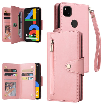 For Google Pixel 4A 4G Rivet Buckle 9 Cards Three Fold Leather Phone Case(Rose Gold) - Google Cases by buy2fix | Online Shopping UK | buy2fix