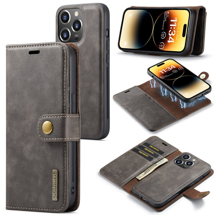 For iPhone 14 Pro Max DG.MING Crazy Horse Texture Detachable Magnetic Leather Case(Grey) - iPhone 14 Pro Max Cases by DG.MING | Online Shopping UK | buy2fix