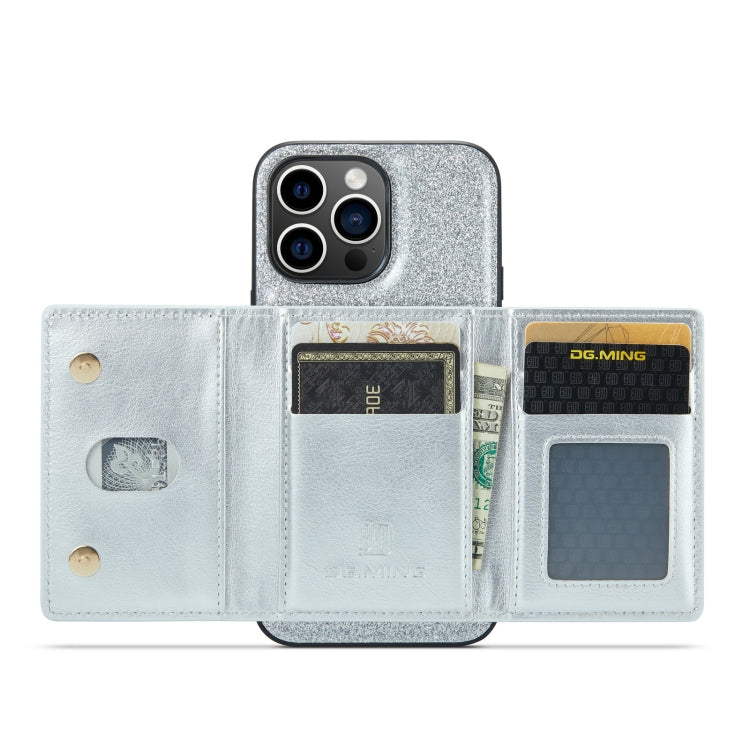 For iPhone 14 Pro Max DG.MING M3 Series Glitter Powder Card Bag Leather Case(Silver) - iPhone 14 Pro Max Cases by DG.MING | Online Shopping UK | buy2fix