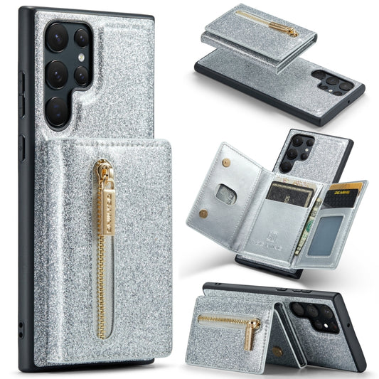 For Samsung Galaxy S22 Ultra 5G DG.MING M3 Series Glitter Powder Card Bag Leather Case(Silver) - Galaxy S22 Ultra 5G Cases by DG.MING | Online Shopping UK | buy2fix