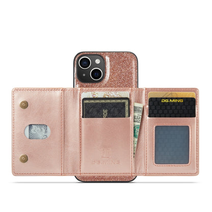 For iPhone 14 Plus DG.MING M3 Series Glitter Powder Card Bag Leather Case(Rose Gold) - iPhone 14 Plus Cases by DG.MING | Online Shopping UK | buy2fix