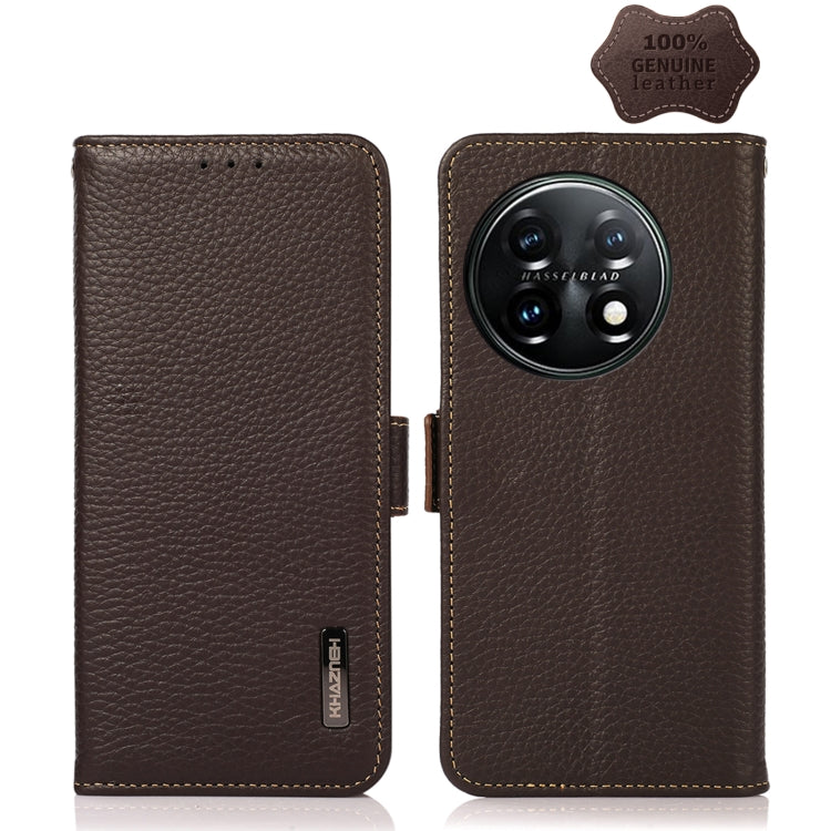 For OnePlus 11 KHAZNEH Side-Magnetic Litchi Genuine Leather RFID Phone Case(Brown) - OnePlus Cases by buy2fix | Online Shopping UK | buy2fix