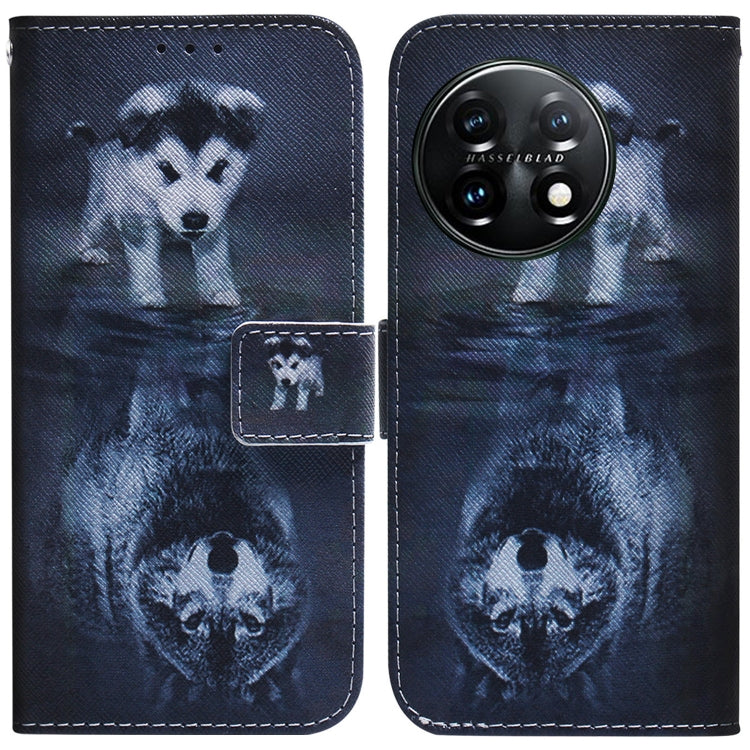 For OnePlus 11 Coloured Drawing Flip Leather Phone Case(Wolf and Dog) - OnePlus Cases by buy2fix | Online Shopping UK | buy2fix