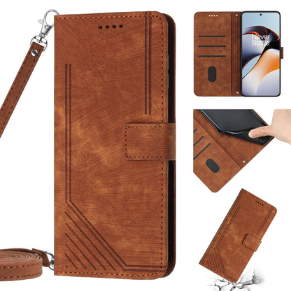 For OnePlus 11 Skin Feel Stripe Pattern Leather Phone Case with Lanyard(Brown) - OnePlus Cases by buy2fix | Online Shopping UK | buy2fix