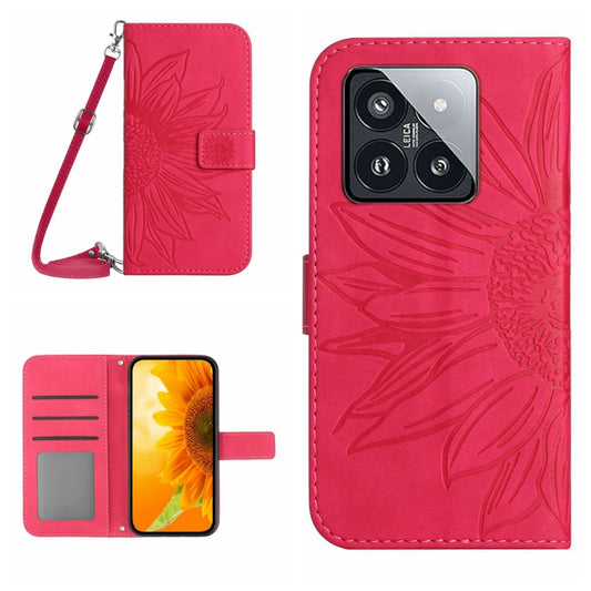 For Xiaomi 14 Skin Feel Sun Flower Embossed Flip Leather Phone Case with Lanyard(Rose Red) - 14 Cases by buy2fix | Online Shopping UK | buy2fix