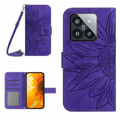 For Xiaomi 14 Pro Skin Feel Sun Flower Embossed Flip Leather Phone Case with Lanyard(Dark Purple) - 14 Pro Cases by buy2fix | Online Shopping UK | buy2fix