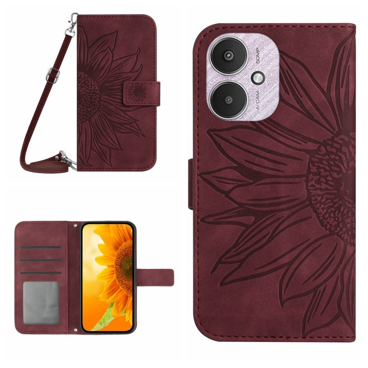 For Xiaomi Redmi 13C 5G Skin Feel Sun Flower Embossed Flip Leather Phone Case with Lanyard(Wine Red) - 13C Cases by buy2fix | Online Shopping UK | buy2fix