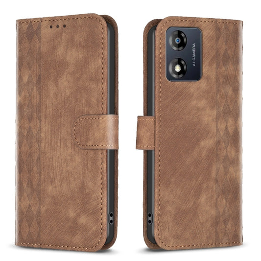 For Motorola Moto E13 4G Plaid Embossed Leather Phone Case(Brown) - Motorola Cases by buy2fix | Online Shopping UK | buy2fix