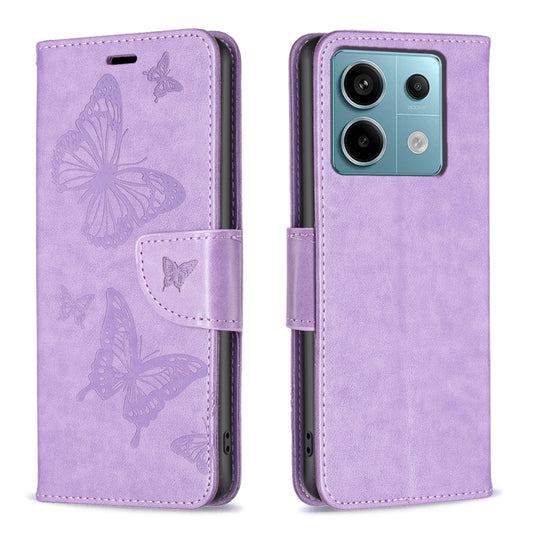 For Xiaomi Redmi Note 13 Pro 4G Global Two Butterflies Embossing Leather Phone Case(Purple) - Note 13 Pro Cases by buy2fix | Online Shopping UK | buy2fix