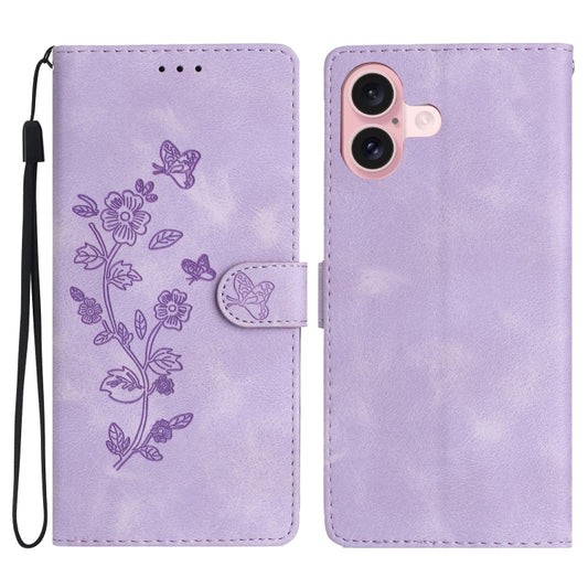 For iPhone 16 Flower Butterfly Embossing Pattern Leather Phone Case(Purple) - iPhone 16 Cases by buy2fix | Online Shopping UK | buy2fix