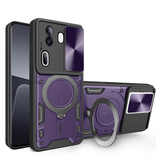 For OPPO Reno11 Pro 5G Global CD Texture Sliding Camshield Magnetic Holder Phone Case(Purple) - Reno11 Pro Cases by buy2fix | Online Shopping UK | buy2fix