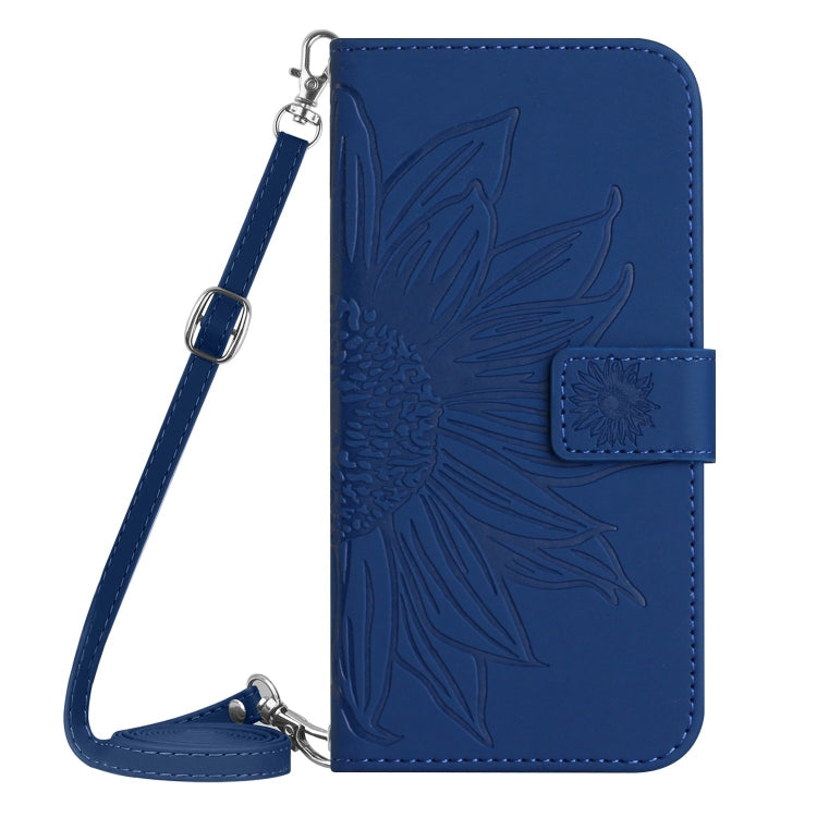 For iPhone 16 Pro Skin Feel Sun Flower Embossed Flip Leather Phone Case with Lanyard(Dark Blue) - iPhone 16 Pro Cases by buy2fix | Online Shopping UK | buy2fix