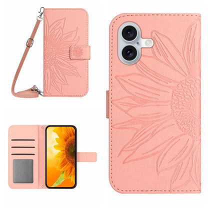 For iPhone 16 Skin Feel Sun Flower Embossed Flip Leather Phone Case with Lanyard(Pink) - iPhone 16 Cases by buy2fix | Online Shopping UK | buy2fix