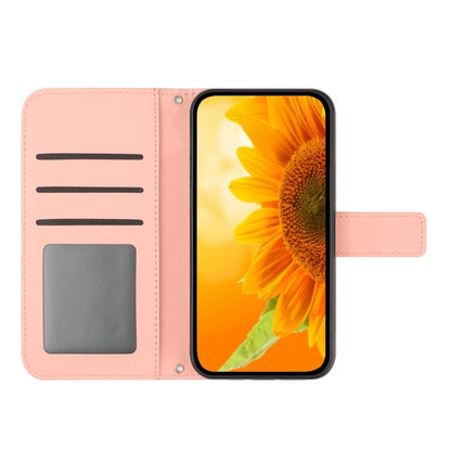 For iPhone 16 Skin Feel Sun Flower Embossed Flip Leather Phone Case with Lanyard(Pink) - iPhone 16 Cases by buy2fix | Online Shopping UK | buy2fix