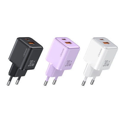 USAMS US-CC189 PD 30W USB+USB-C/Type-C Dual Port Electroplating Charger, EU Plug(Black) - USB Charger by USAMS | Online Shopping UK | buy2fix