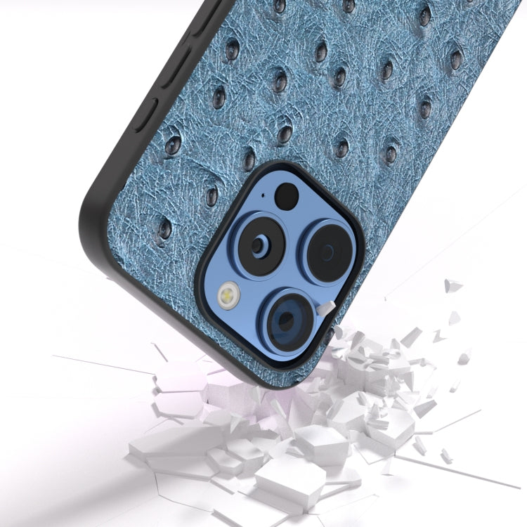 For iPhone 16 Pro ABEEL Genuine Leather Ostrich Texture Phone Case(Blue) - iPhone 16 Pro Cases by buy2fix | Online Shopping UK | buy2fix