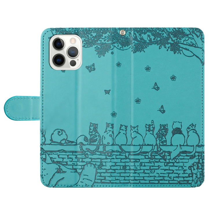 For iPhone 16 Pro Max Cat Embossing Pattern Leather Phone Case with Lanyard(Blue) - iPhone 16 Pro Max Cases by buy2fix | Online Shopping UK | buy2fix