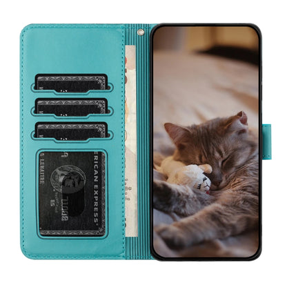 For iPhone 16 Pro Max Cat Embossing Pattern Leather Phone Case with Lanyard(Blue) - iPhone 16 Pro Max Cases by buy2fix | Online Shopping UK | buy2fix