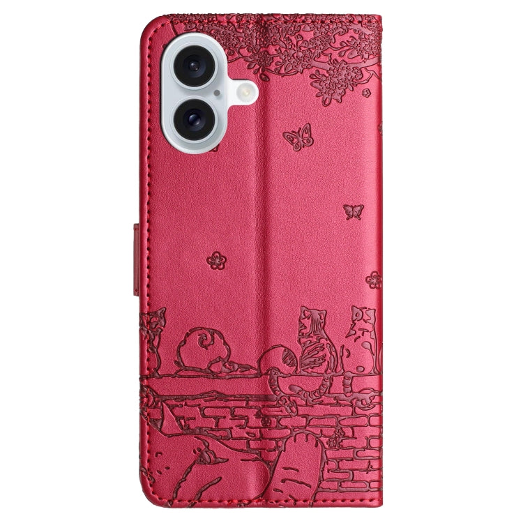 For iPhone 16 Cat Embossing Pattern Leather Phone Case with Lanyard(Red) - iPhone 16 Cases by buy2fix | Online Shopping UK | buy2fix