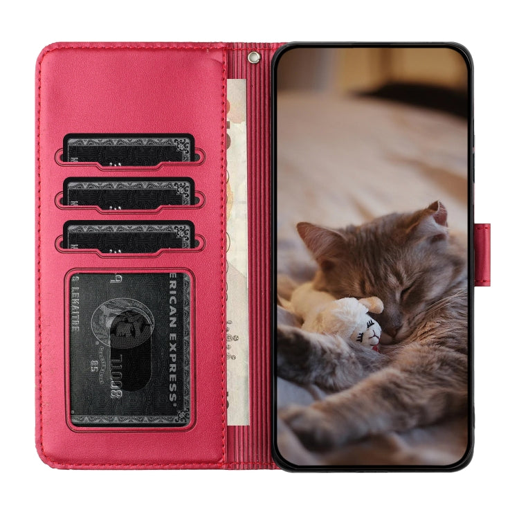 For iPhone 16 Cat Embossing Pattern Leather Phone Case with Lanyard(Red) - iPhone 16 Cases by buy2fix | Online Shopping UK | buy2fix